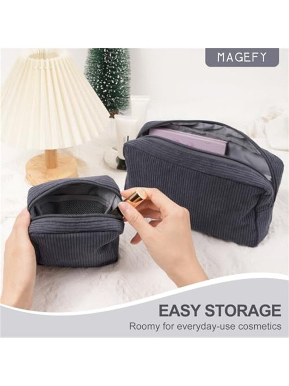 Womens Corduroy Makeup Bag Small Cosmetic Pouch Travel Organizer Zipper Toiletry - Picture 5 of 6
